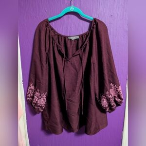 💜 Olivia & Martin Burgundy Pink Floral Embroidered 3/4 Sleeve Blouse 2X 18 20